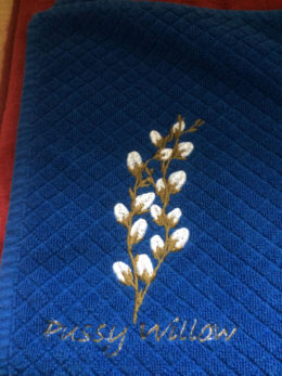 pussywillow on dark blue kitchen towel