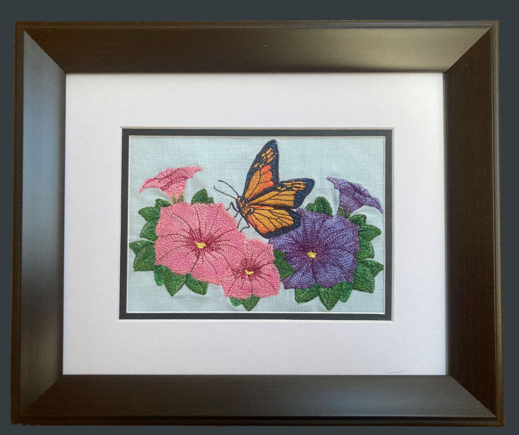 Monarch w Petunias w frame no glass