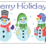 Christmas Card 2023 from Four Fun Snowmen plus lettering. Size: 4.39 inches by 2.58 inches. Stitch count: 12,569.