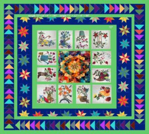 Seasonal blocks w Lemon blocks and geese 89 by 98 inch quilt