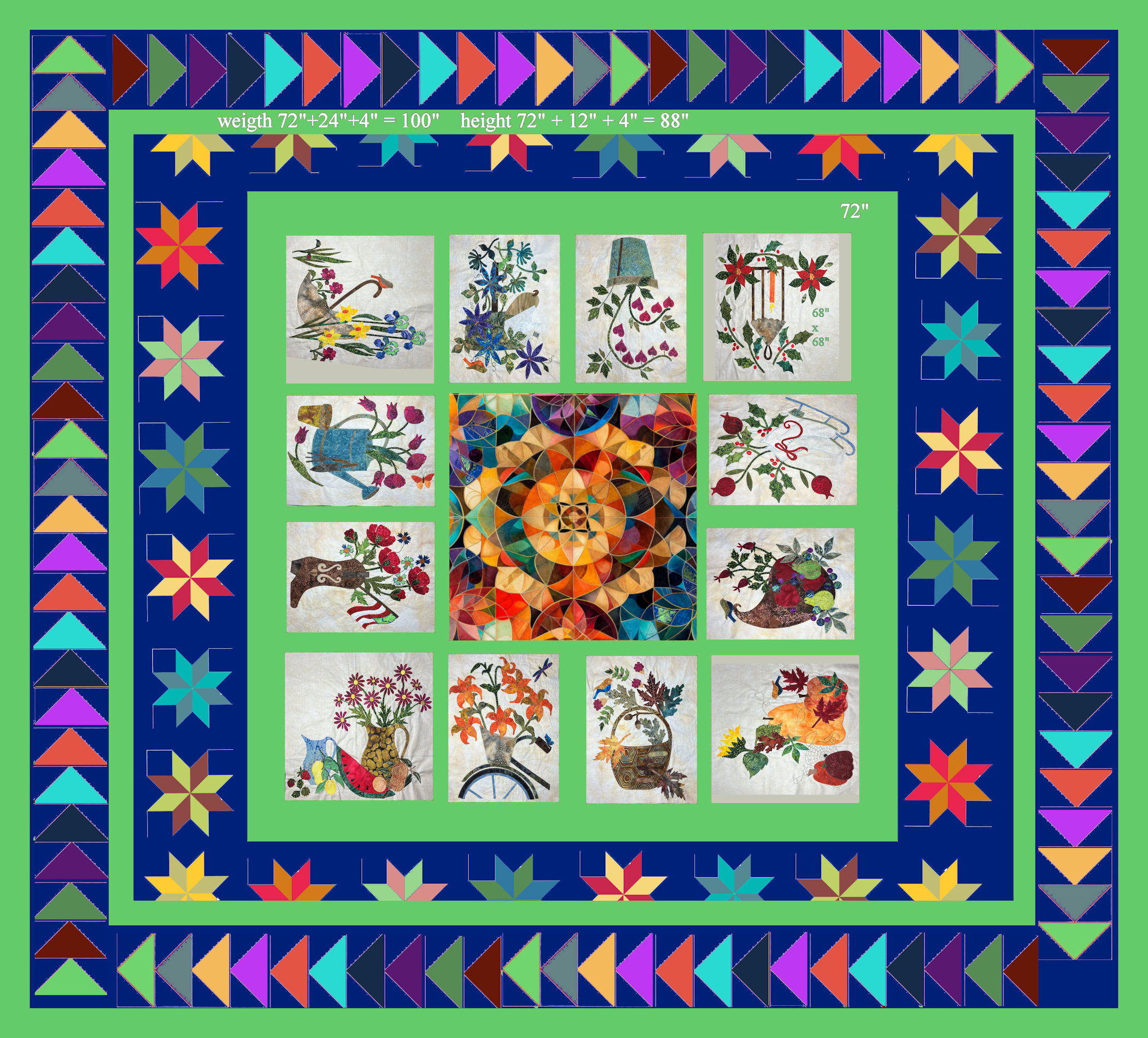 Seasonal blocks w Lemon blocks and geese 89 by 98 inch quilt