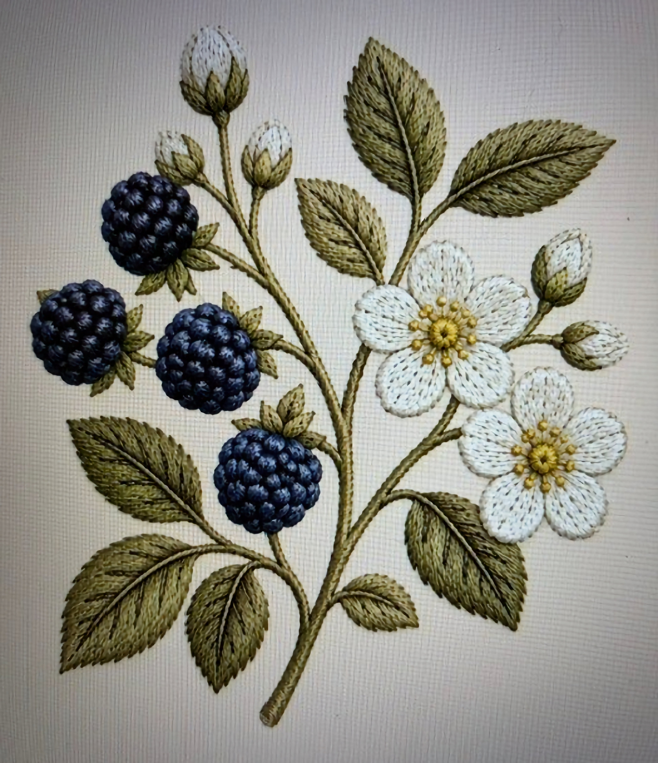 Blackberry ME Design, Wild Berry Botanical Floral. 15K stitches. Etsy.