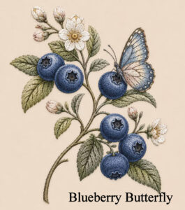Blueberry Butterfly ME Design, Floral Butterfly, 22K stitches.  Etsy.