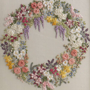 Garland of Silk Flowers 7-inches stitched on dupion silk with muslin for backing